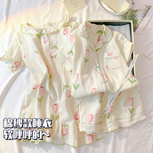 棉纱儿童睡衣夏季短袖女童纯棉薄款吊带睡裙双层纱布母女装家居服