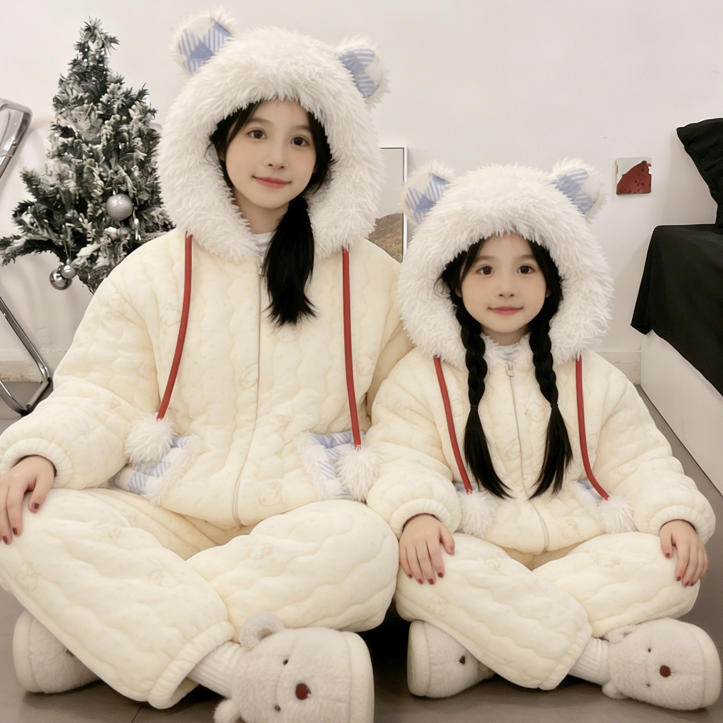 母女睡衣儿童2025新款秋冬季珊瑚绒加厚女童三层夹棉亲子套装冬款