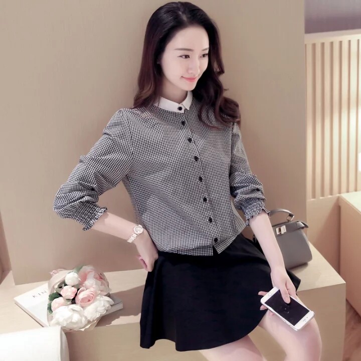 Plush/Thin section lattice shirt Long sleeve 2021 Spring Korean Edition Self cultivation pure cotton shirt Easy Base coatin the Women's clothing/Boutique , Shirt  category - from Buy2taobao.com to provide professional Taobao agent buy service