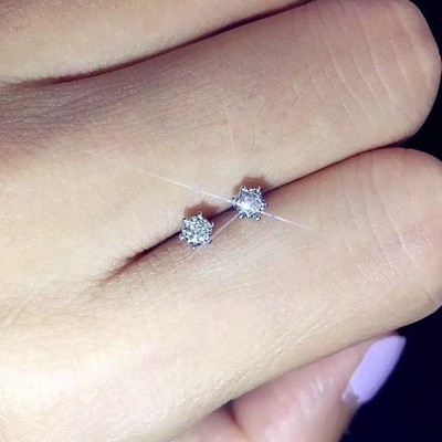 厂家直销 18K金钻石耳钉 mini小巧 单钻简约车花耳饰白金色耳环