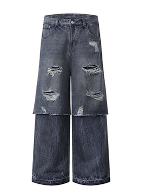 FORN3 2025秋季新款复古高街破洞假两件直筒牛仔裤水洗休闲长裤