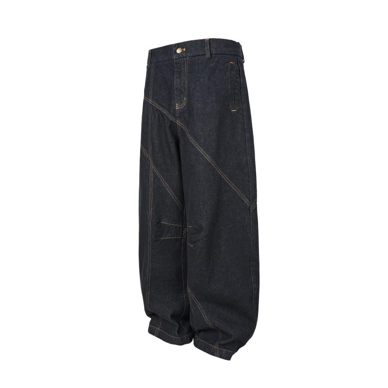 MAOQIAOYI美式潮牌复古明线黑色休闲直筒阔腿裤宽松弯刀牛仔裤子