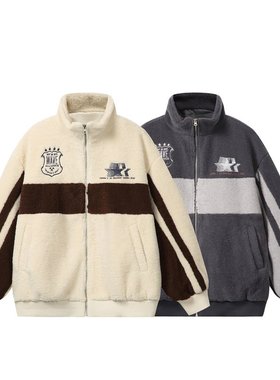 YANSANXIA冬季美式重磅加厚拼接羊羔毛外套宽松复古设计棉衣男女