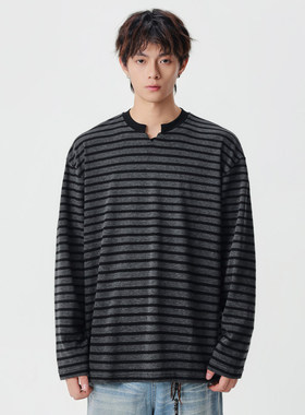 280G重磅条纹t恤男长袖秋季美式CityBoy复古圆领小V领卫衣打底衫