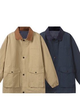 YANSANXIA复古日系多口袋中长款翻领夹克男女潮宽松格纹百搭外套