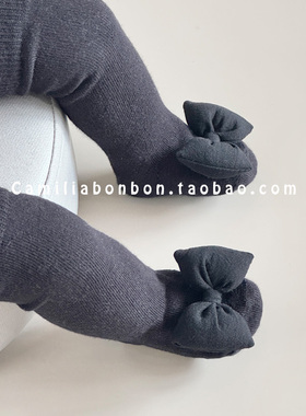 韩系新生婴儿中筒袜春季满月女宝宝黑色洋气可爱蝴蝶结长筒袜子