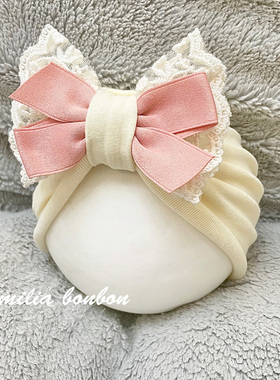 婴儿帽子春秋纯棉满月宝宝蕾丝蝴蝶结公主可爱护囟门外出包头胎帽