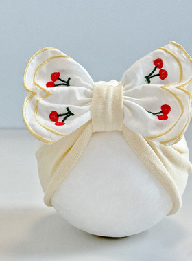 婴儿帽无檐纯棉套头胎帽3-6个月女宝宝樱桃可爱蝴蝶结护囟门帽子