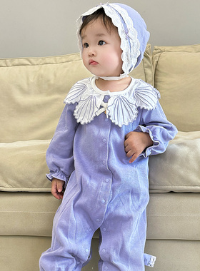 新生婴儿连体衣秋季长袖爬服女宝宝可爱大花边领紫色连身包屁哈衣
