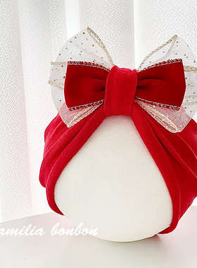 婴儿帽秋冬纯棉3个月女宝宝公主风新年大红色可爱护囟门套头帽子