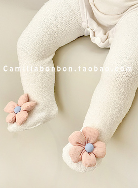 韩版婴儿连脚裤秋冬季加厚珊瑚绒大PP女宝宝可爱花朵蝴蝶结连裤袜