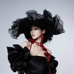 山本暗黑哥特风褶皱欧根纱花边草帽子夏季 女夸张凹造型大帽檐礼帽