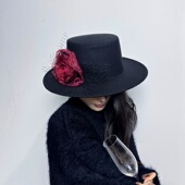 原创氛围感火烧红玫瑰花朵仿毛呢礼帽女暗黑赫本千金平顶帽子秋冬