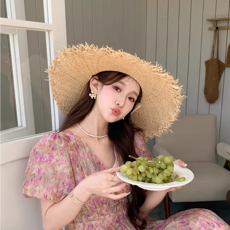 减龄甜美粉色系带飘带毛边拉菲草帽子女夏海边沙滩度假大檐遮阳帽