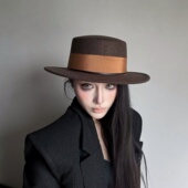 法式 英伦复古棕色仿毛呢平顶礼帽女秋冬出游显脸小咖啡色平檐帽子