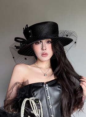 小众哥特风亚文化花朵网纱平顶礼帽大头围女秋冬天凹造型走秀帽子