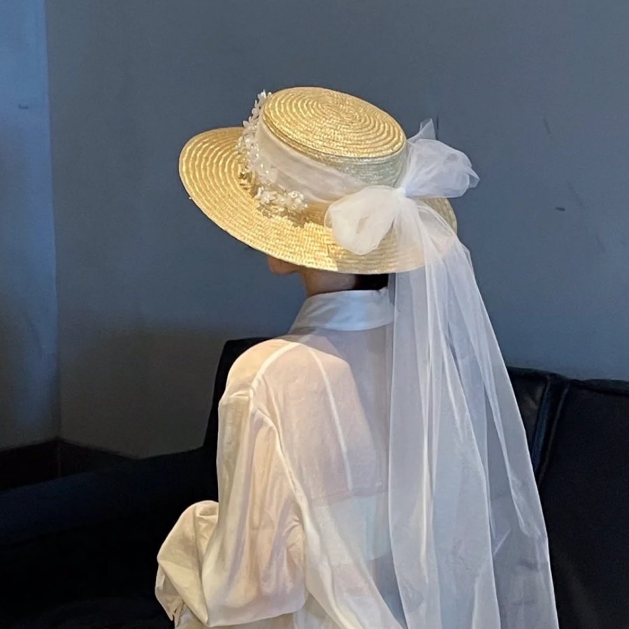 法式氛围感千金风白色珠花长纱麦秆草帽女夏季遮阳防晒平顶礼帽子