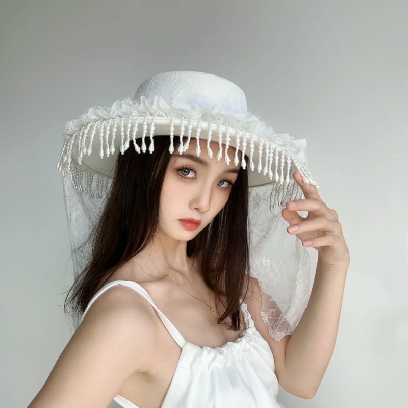 玫瑰蕾丝花边羽毛平顶礼帽女士法式宫廷风庄园流苏面纱洛丽塔帽子