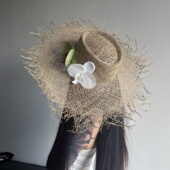 法式 大檐蝴蝶兰花朵镂空网眼海草编礼帽女夏天显脸小长毛边草帽子