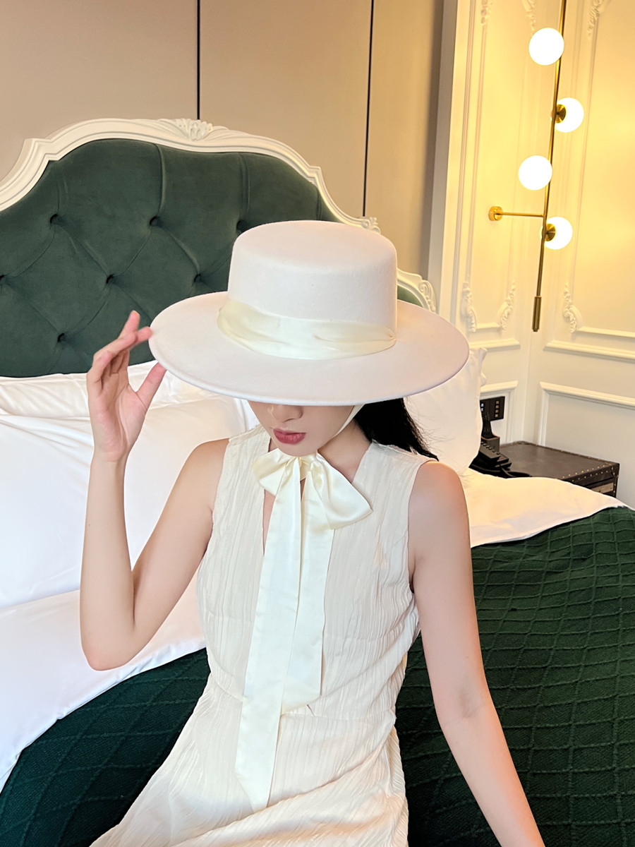 绑带平顶羊毛呢礼帽法式女冬平檐