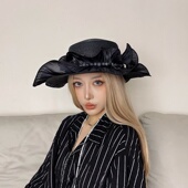 原创小众暗黑系大花边平顶礼帽女夏季 遮阳拍照造型夸张大沿草帽子