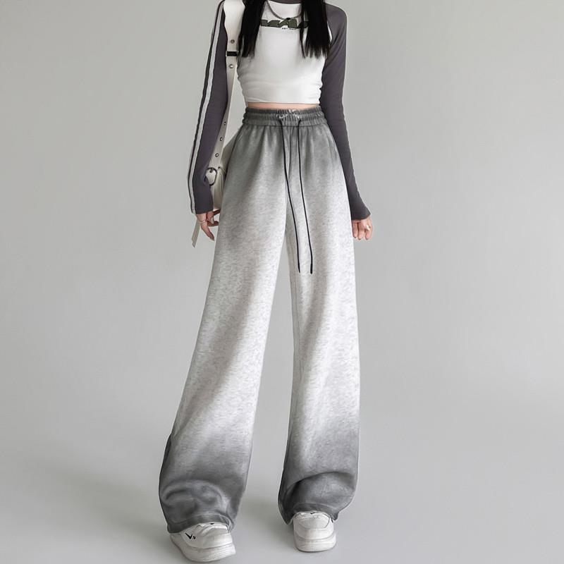 美式阔腿卫裤女加绒加厚2025新款秋冬季渐变扎染休闲直筒运动裤子