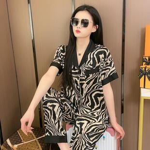 2025新款 夏天情侣冰丝睡衣短袖 女士豹纹家居服男三件套高级感套装