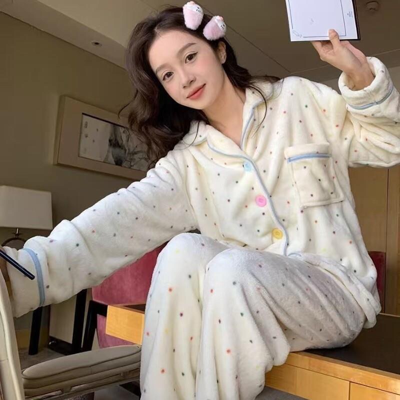 开衫珊瑚绒睡衣冬季女款加绒加厚长袖可爱法兰绒居家服两件套装冬