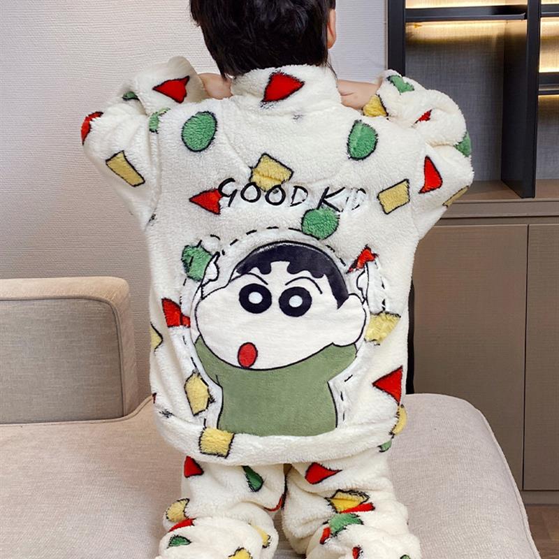 蜡笔小新毛绒睡衣男童冬季新款加厚珊瑚绒中大儿童男孩拉炼家居服