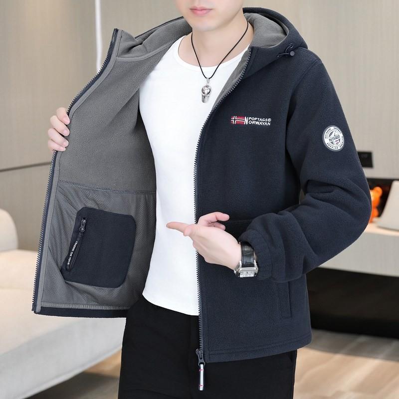 抓绒衣男款秋冬季加厚摇粒绒外套男连帽双面绒上衣大码羊羔绒夹克