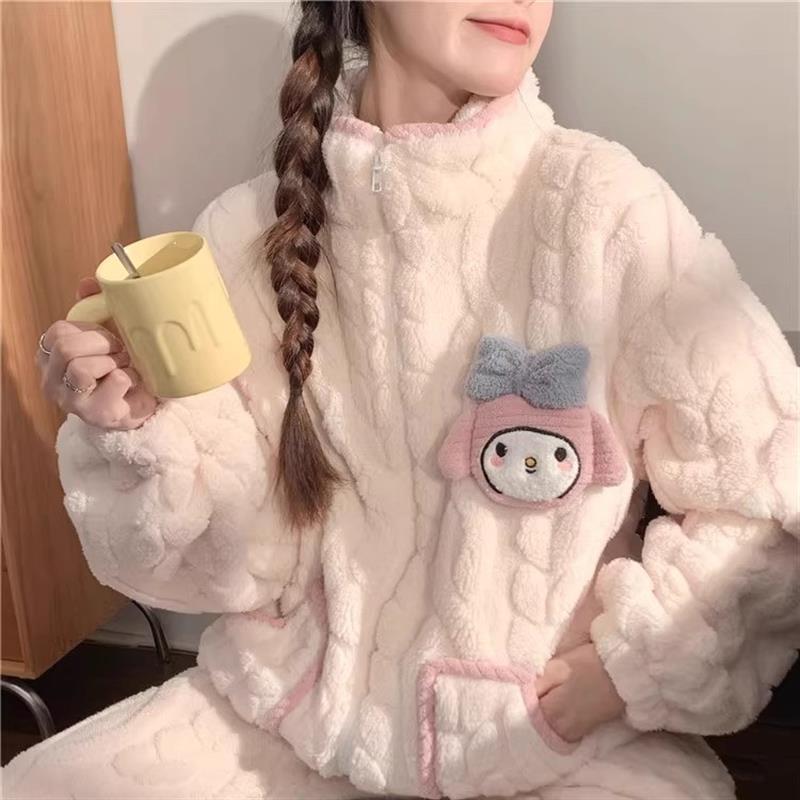 珊瑚绒睡衣少女秋冬季加绒加厚2024新款拉链卡通法兰绒冬天家居服