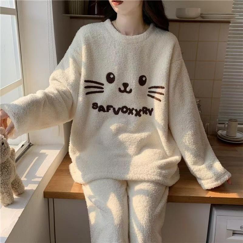 女大童睡衣秋冬季珊瑚绒薄绒款法兰绒猫咪少女孩初中生大童家居服