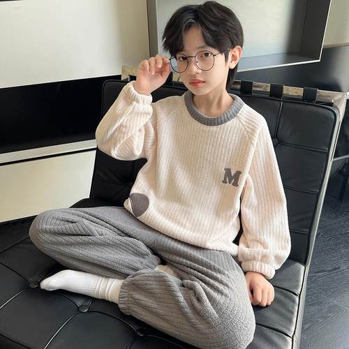 儿童装男童睡衣春秋冬款家居服加绒冬季大童加厚珊瑚绒男孩法兰绒