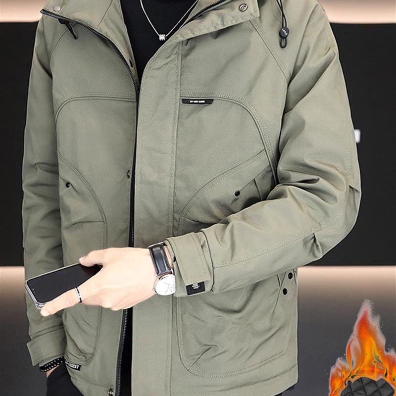 工装外套男士秋冬季2025新款连帽二棉潮流休闲加棉冲锋衣夹克棉服