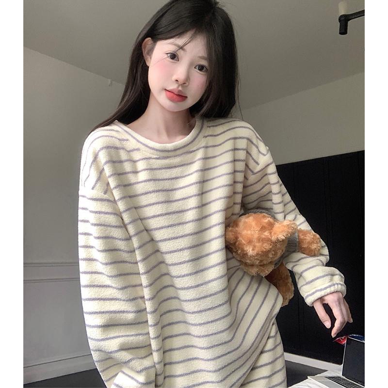 简约条纹珊瑚绒睡衣女冬季圆领套头加厚短毛法兰绒保暖家居服套装