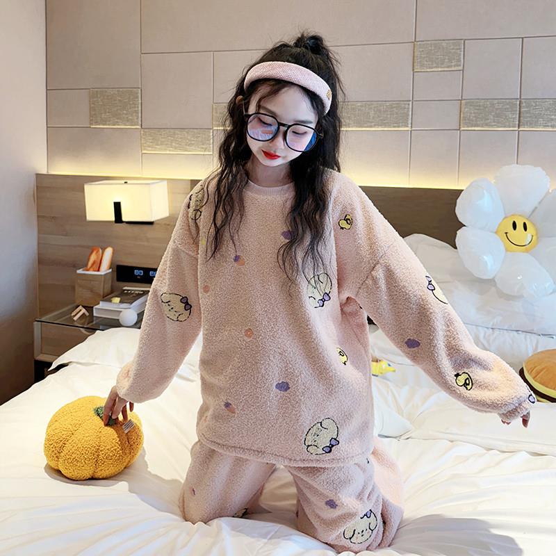 女童睡衣秋冬2025新款儿童加厚家居服大童女孩冬季珊瑚法兰绒套装