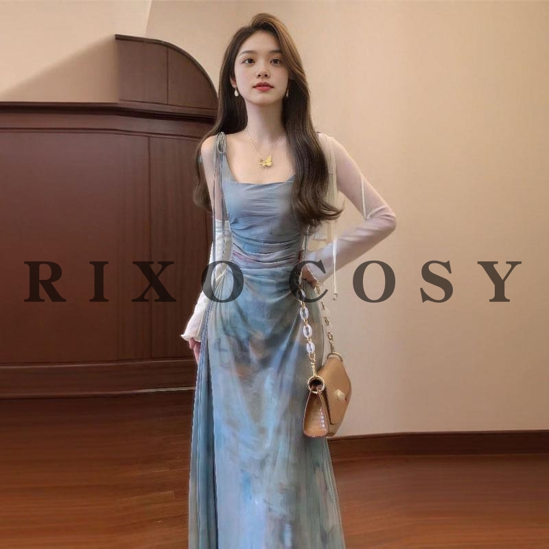 RIXO COSY2025夏季法式复古超好看晕染印花吊带长裙开衫两件套