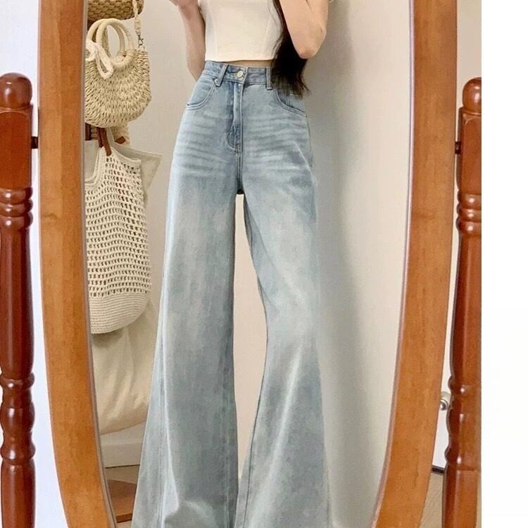 浅蓝色不贴腿微喇牛仔裤女2025春秋季新款中腰百搭牛仔裤垂感长裤