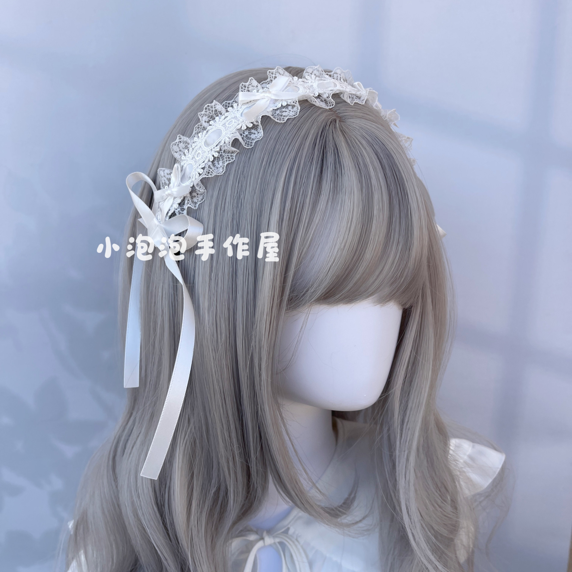 thumbnail for Original handmade Japanese Lolita headdress, aqua blue bow, white lace headband, subculture hair accessory, everyday