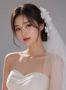 韩式复古3D花朵新娘头纱发饰古风