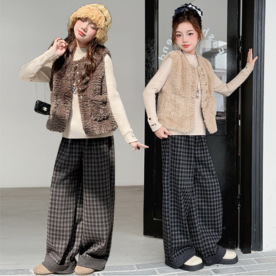 女童秋冬毛毛马甲打底衫格子裤套