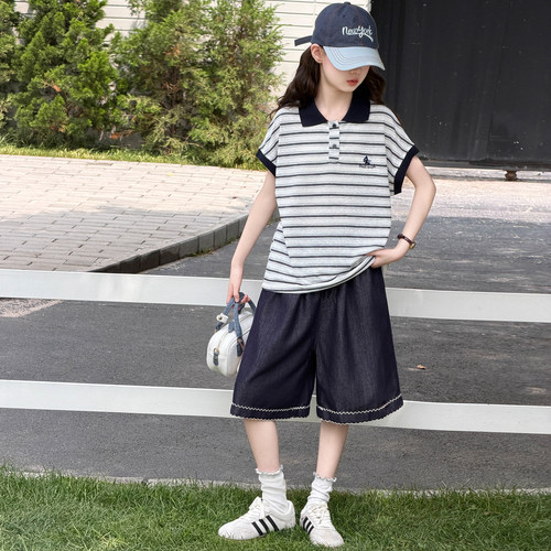 女童夏季条纹POLO衫T恤休闲套装