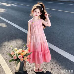女童夏季挂脖连衣裙2026新款洋气夏装渐变色裙子初中生女孩公主裙
