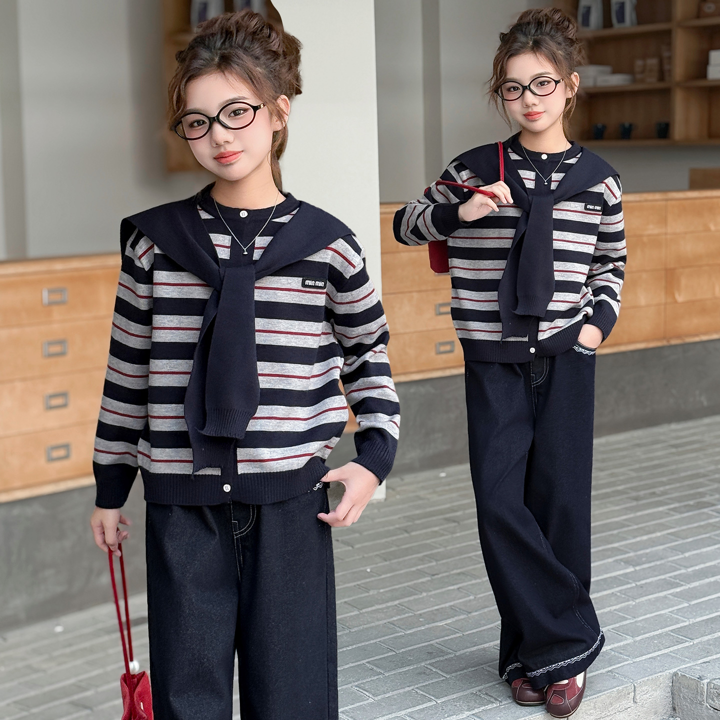 女童秋装针织毛衣披肩牛仔裤套装