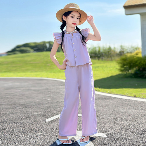 女大童夏季飞袖衬衫阔腿裤套装