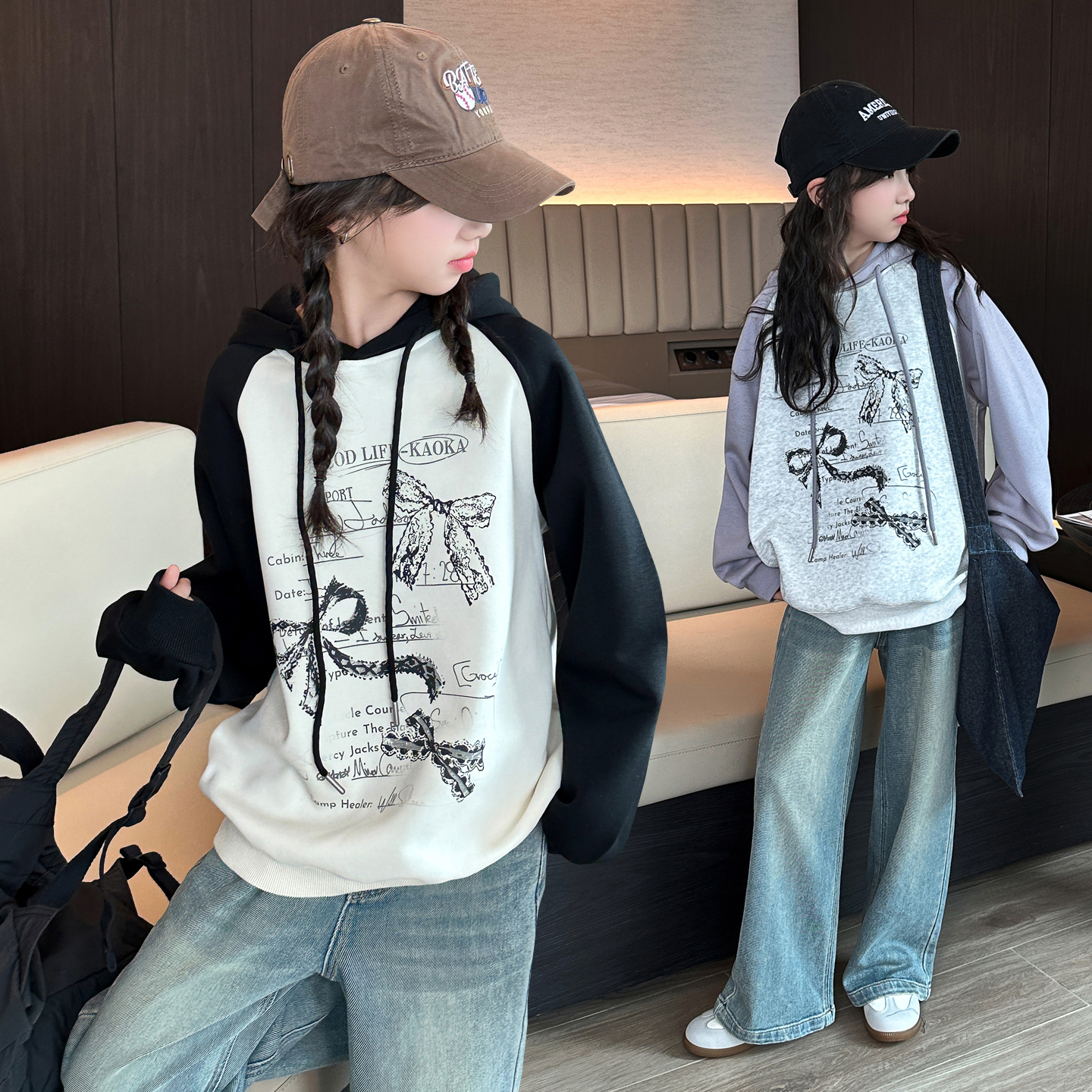 女童秋装休闲套装2025新款洋气春秋拼色连帽卫衣女孩牛仔裤两件套