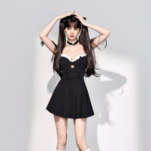 少年齐原创 2024新保守显瘦遮肚少女黑白辣妹ins风连体温泉游泳衣