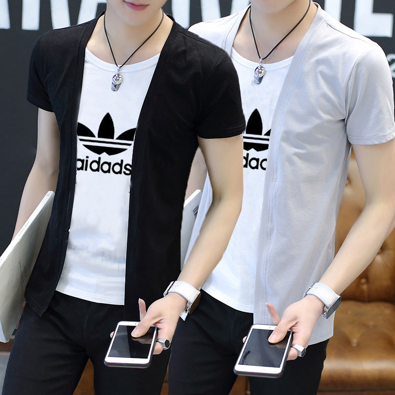 短袖t恤假两件男士夏季潮牌宽松冰丝半袖纯棉打底衫非主流上衣服