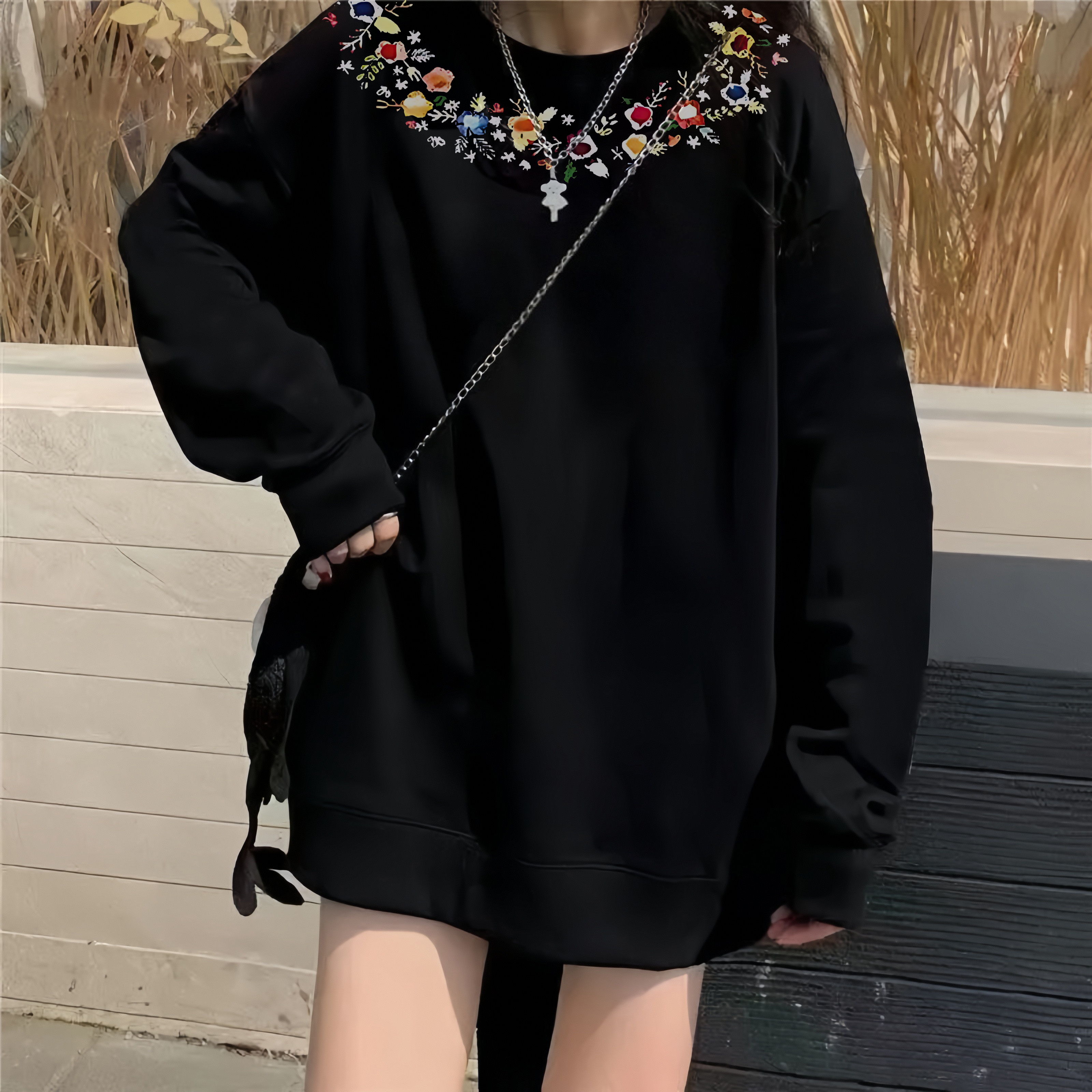 黑色纯棉圆领卫衣少女大童秋冬款初中高中学生慵懒风oversize上衣