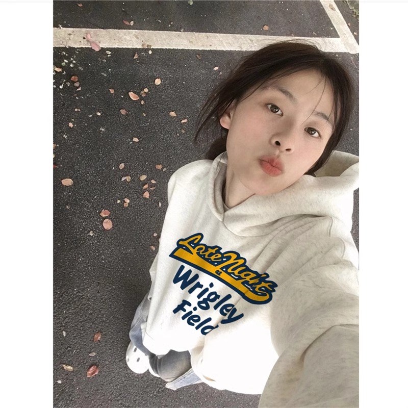 美式白灰色连帽卫衣女春秋薄款爆款慵懒风复古学生宽松外套上衣
